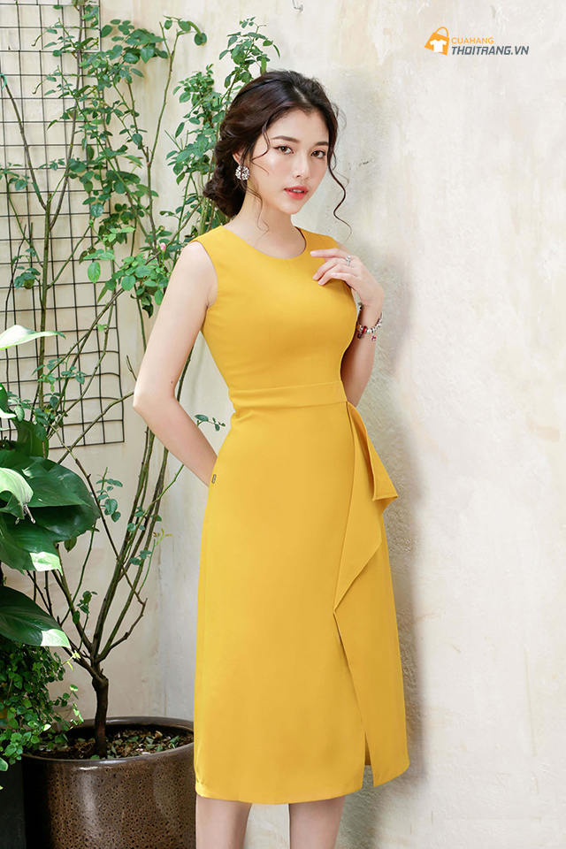 Đầm suông dài ôm body màu vàng